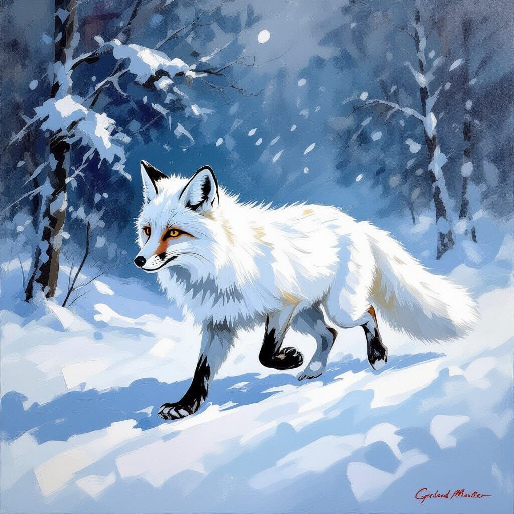 White Fox in Snowstorm Impasto Painting