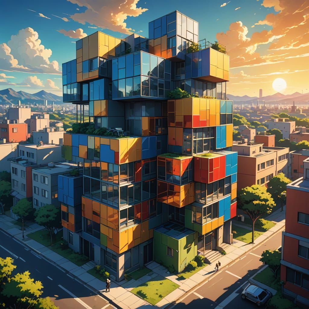 Vibrant Cubist Cityscape in Anime Style