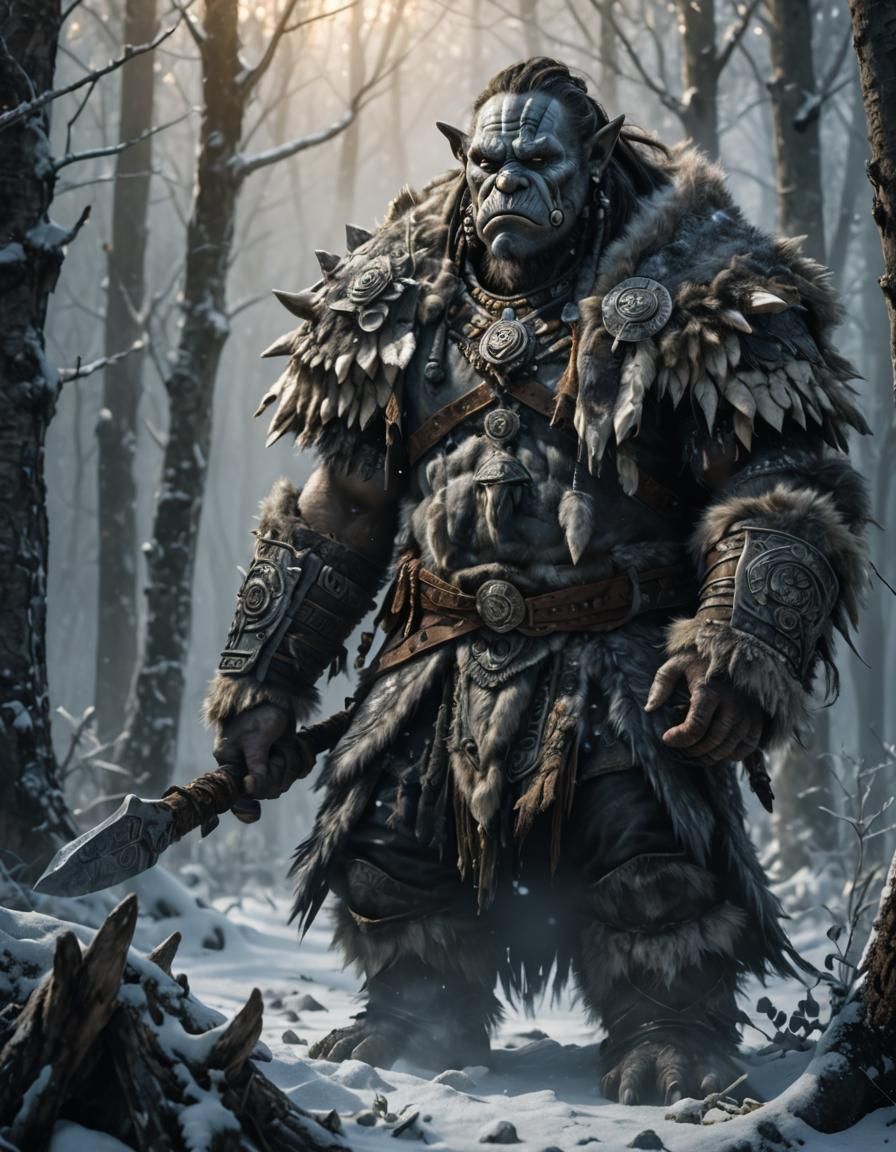 Orc Shaman in Winter Forest: Dark Fantasy Portrait