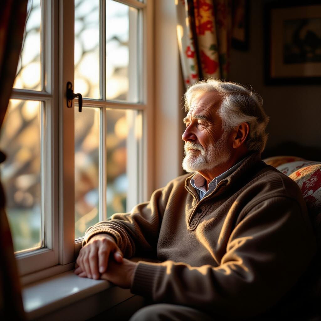 Old Man Dreaming by Cozy Window in Realistic Light