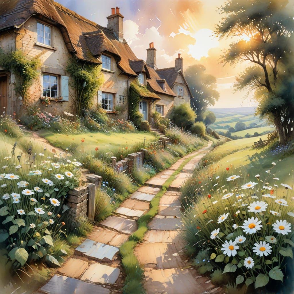 English Countryside Lane in Watercolor Style