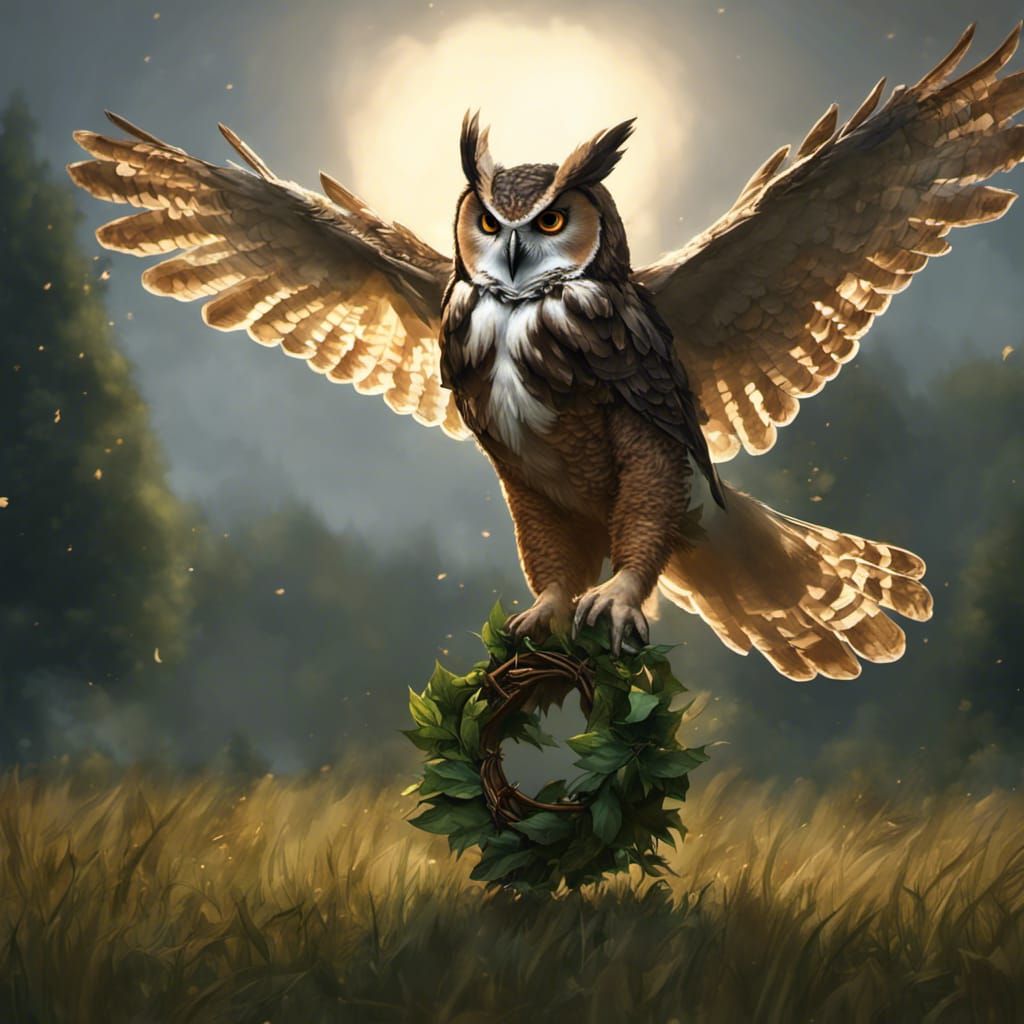 Great Horned Owl with Laurel Crown: Dark Fantasy Art