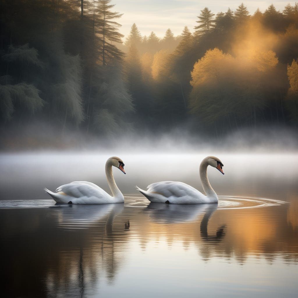 A male and female swan glide across a serene, mist-shrouded lake at sunlight, their feathers catching the first golden r...