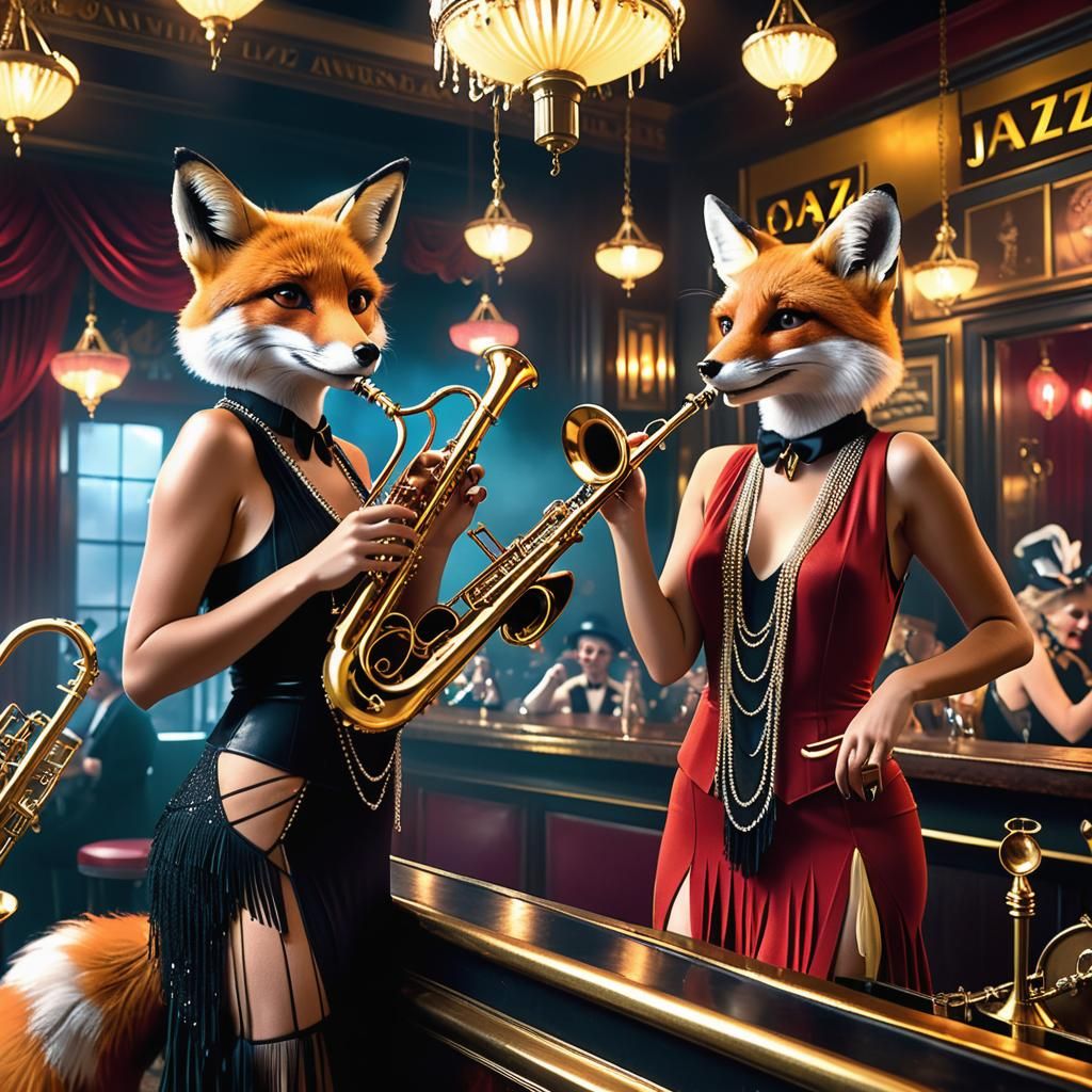 Roaring 1920’s jazz bar with saxophone and piano. Adorable female foxes dressed in flapper costumes playing brass instru...