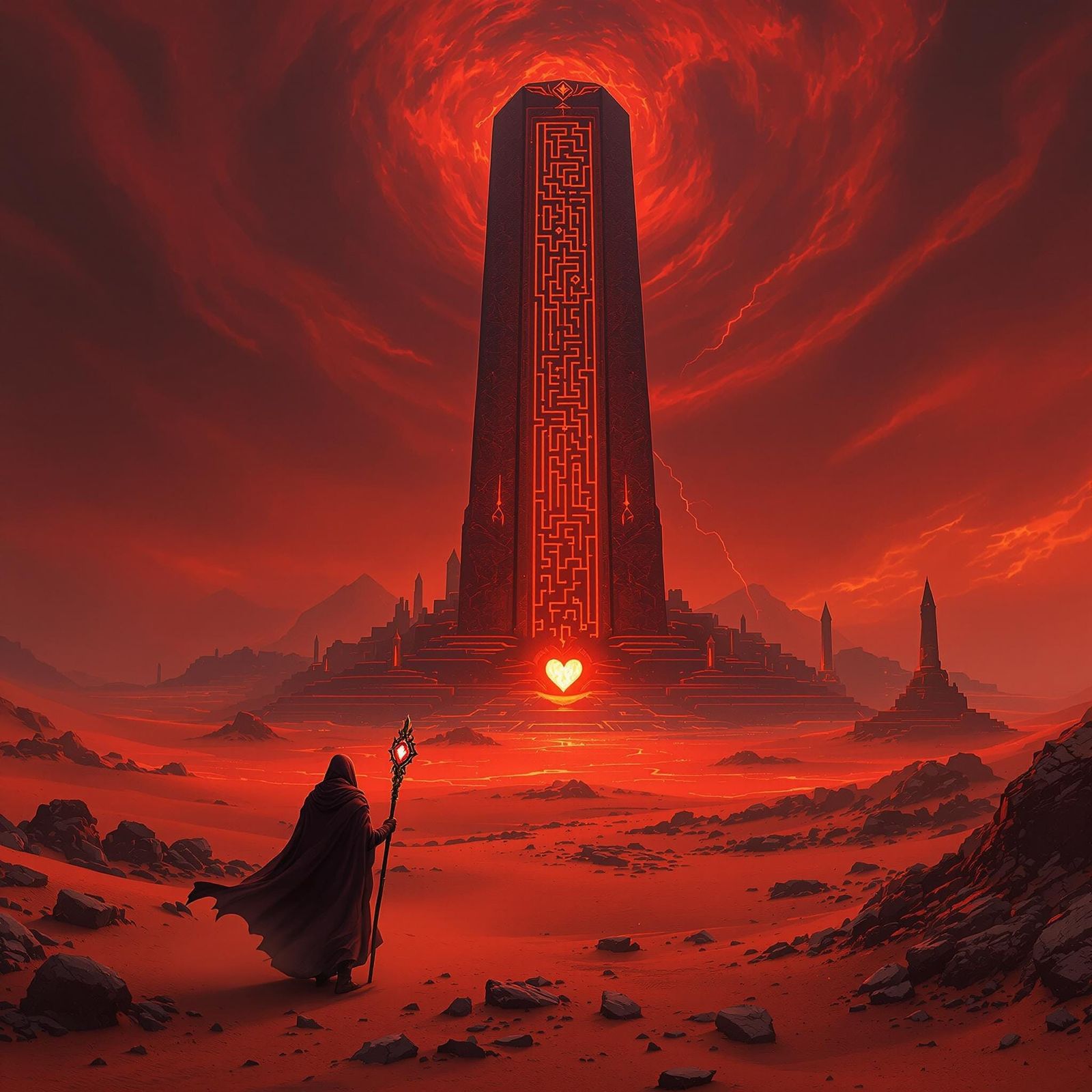 A sweeping, cinematic scene awash in deep fire-red tones, where an endless desert of rippling crimson sand glows faintly...