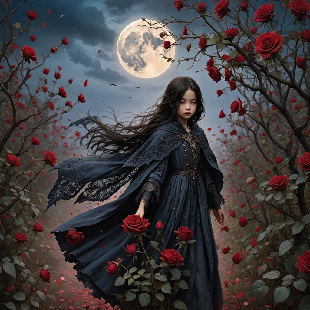 A small, gothic child, dressed in ragged, thorn-torn dark cl...