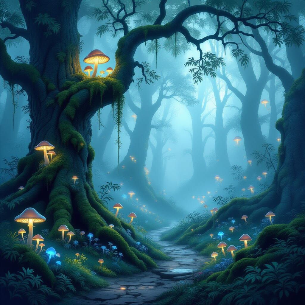 Enchanted Foggy Forest with Magical Glowing Mushrooms