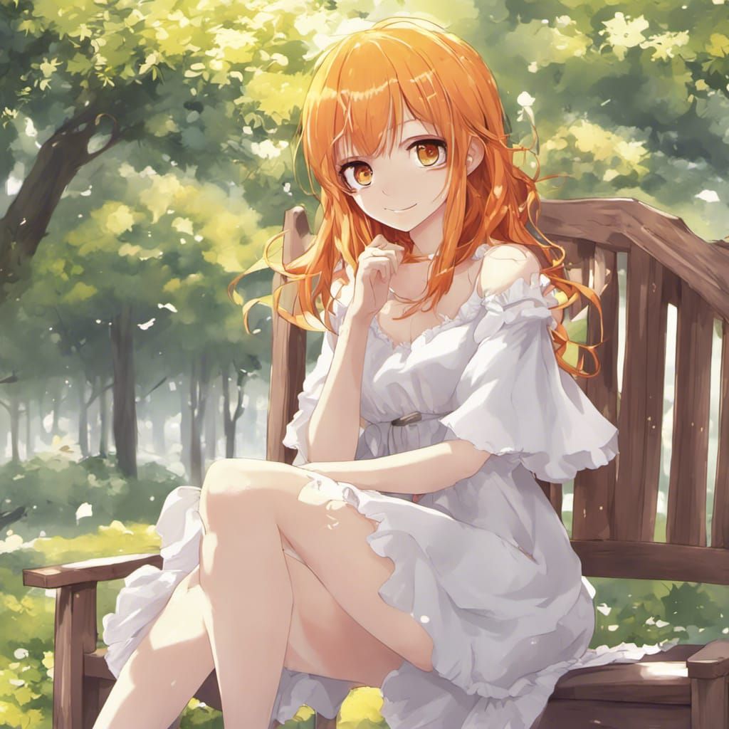 Cute Anime Girl with Orange Hair in Park