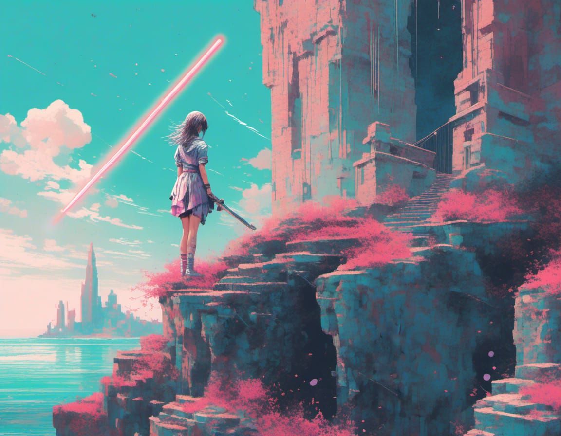 Knight Girl with Laser Sword in Vaporwave Style