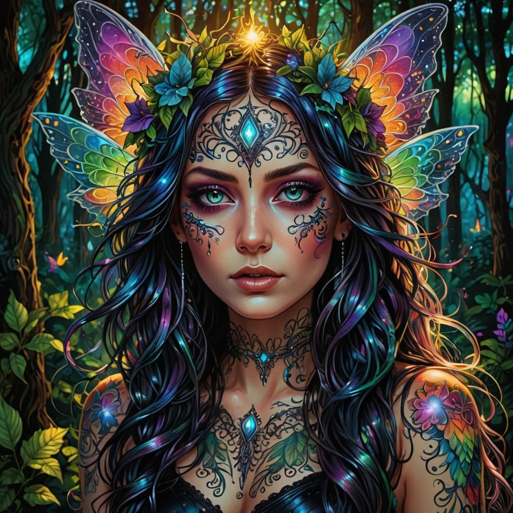 Raver Goth Fairy in Psychedelic Forest