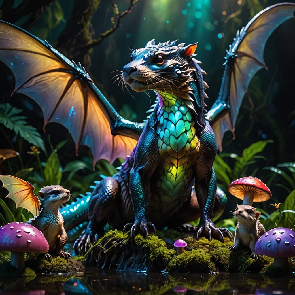 Holographic Dragon Otter Mother and Cubs