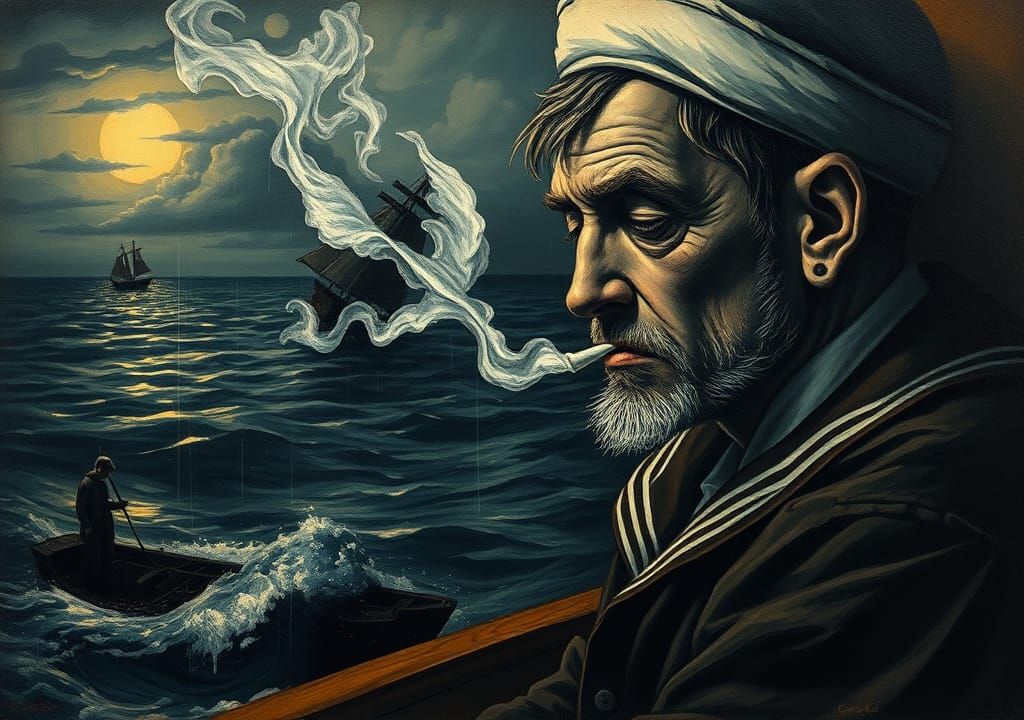 Sailor Smoking: Trompe-l'oeil Seascape in Surrealist Style