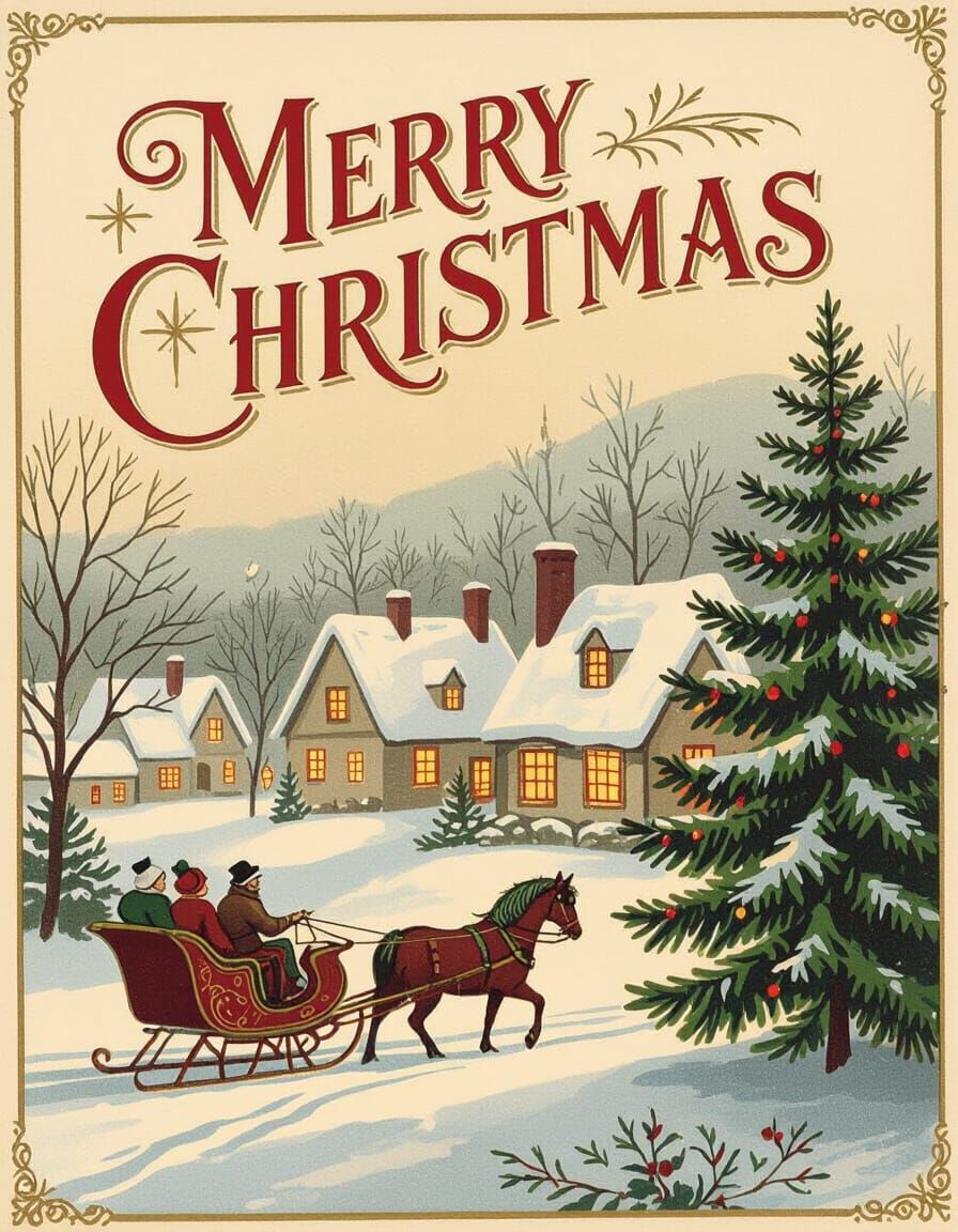 Vintage 19th Century Christmas Card Scene