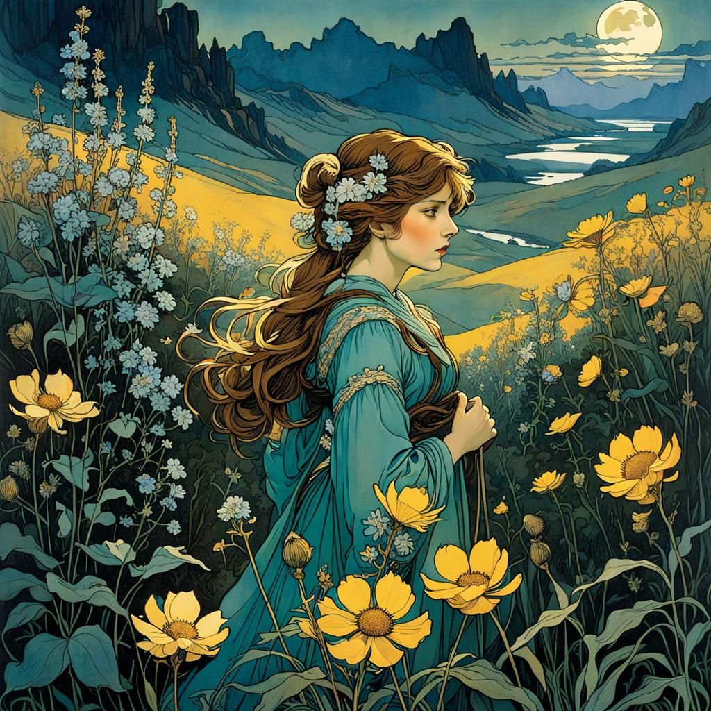 Moonlit Wildflower Landscape in Art Nouveau Style
