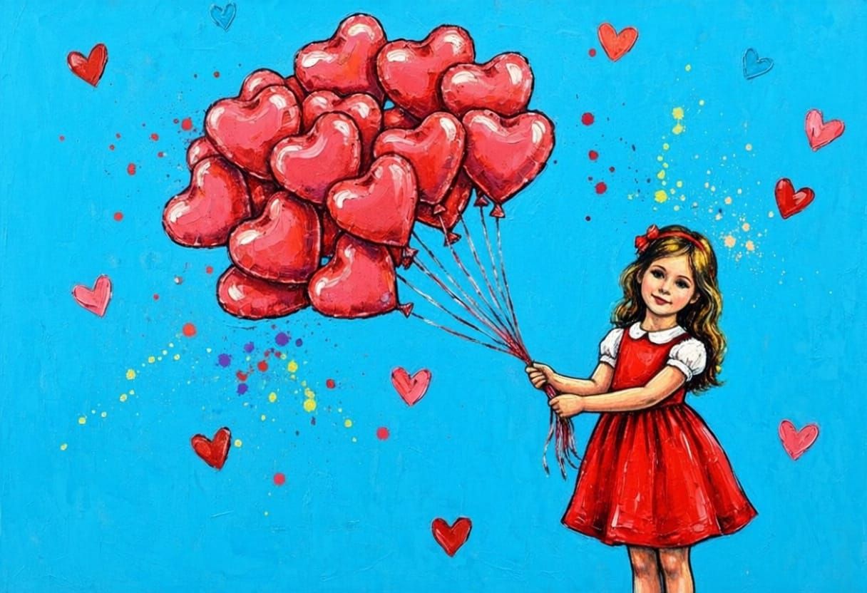 Impressionist Girl with Heart Balloons