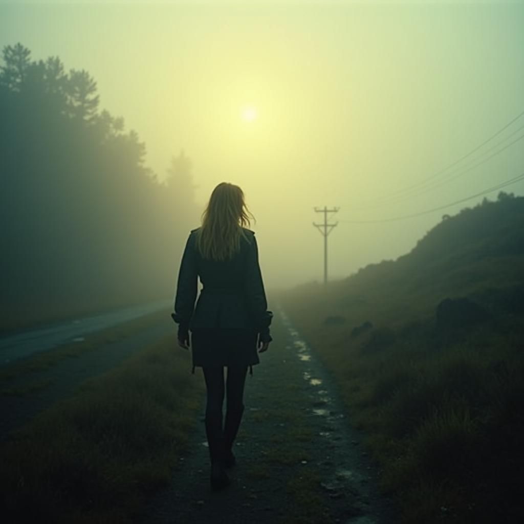 Eerie Landscape with Figure in Cinematic Film Still