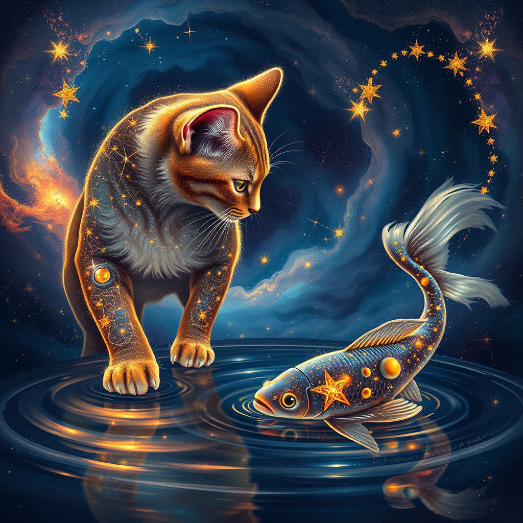 Celestial Cat and Star-Encrusted Fish in Nebula