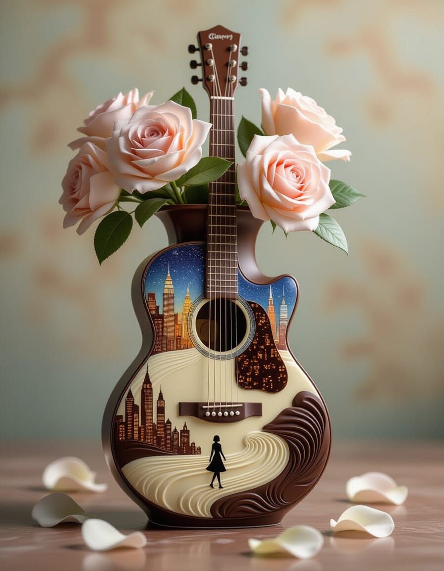 Chocolate Guitar Vase with Surreal Cityscape and Roses