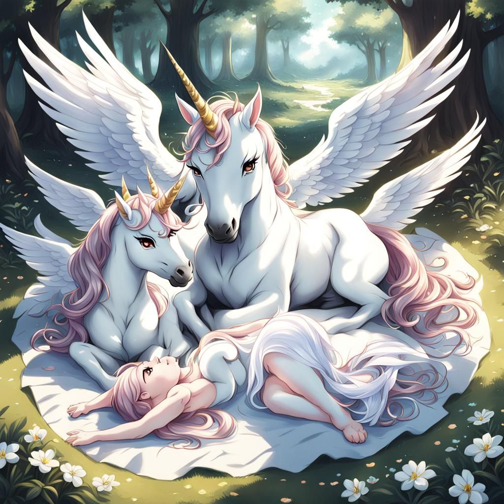 Winged Unicorn Family in Anime Style - AI Art, image size:1024x1024