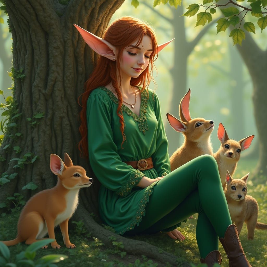 Elven Woman in Tree: Hyper-Realistic Digital Portrait