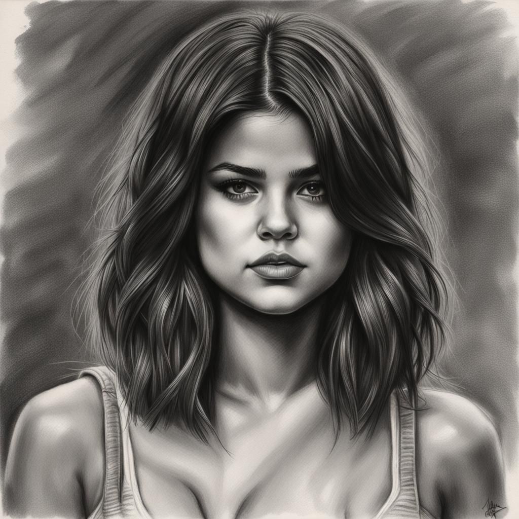 Hyperdetailed Charcoal Drawing of Woman in Bikini Top