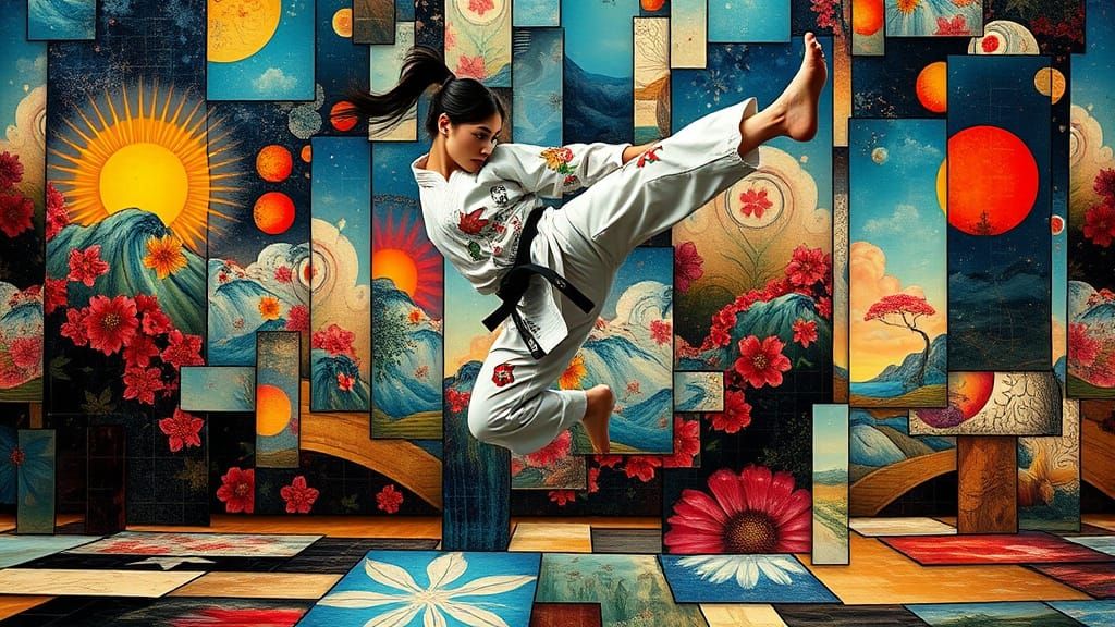 Female Karateka Flying Kick in Surrealist Style