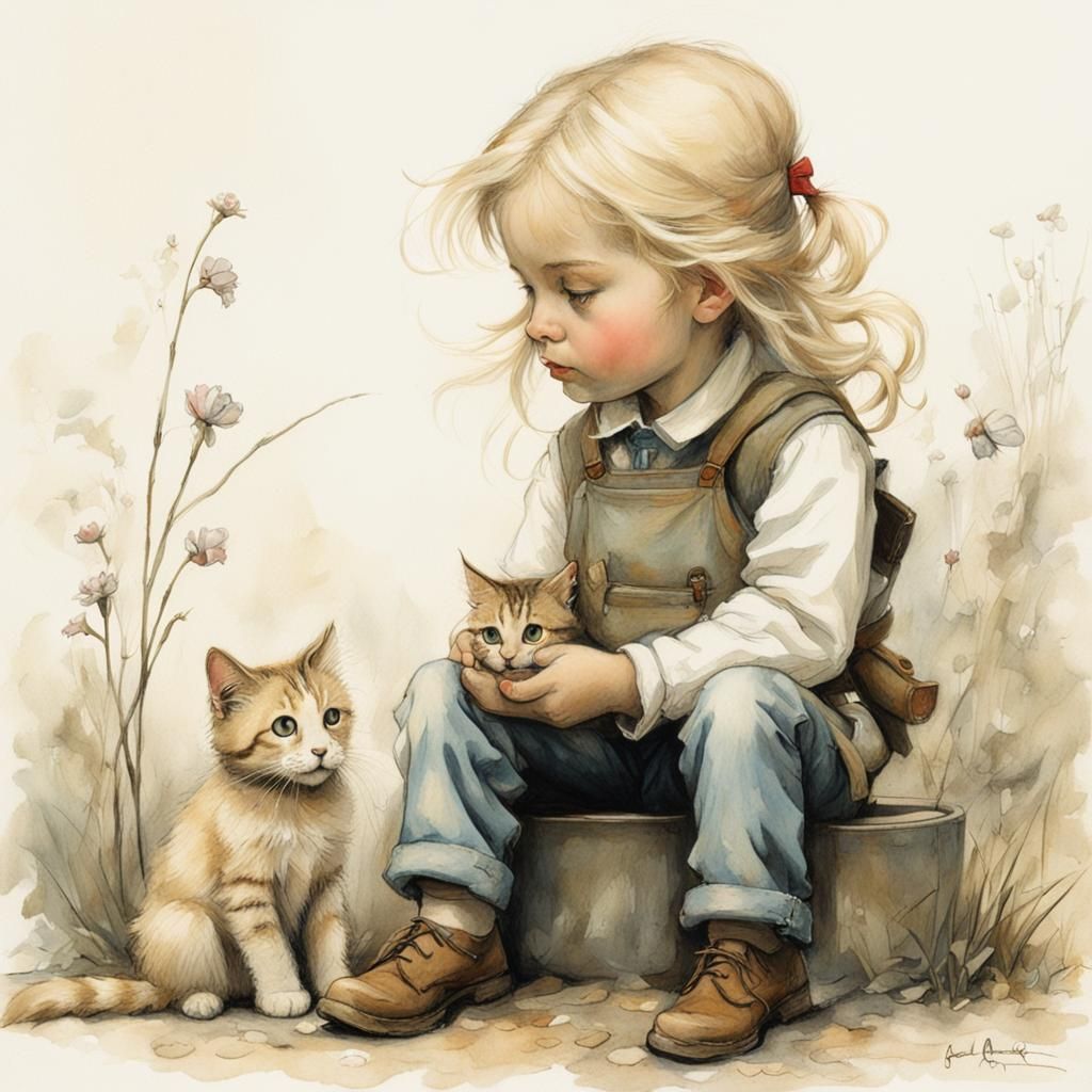 Girl and Cat Sharing Love, Monge Style