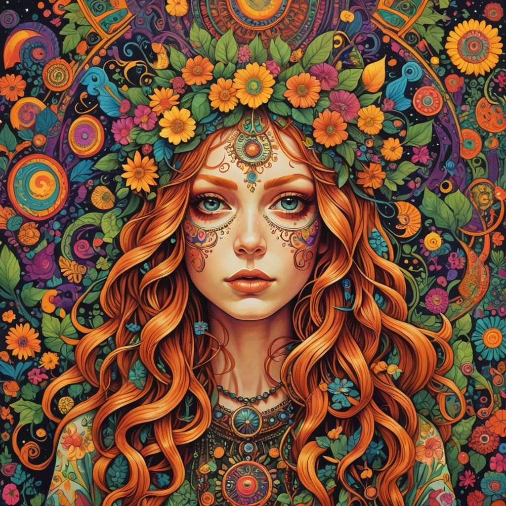 Psychedelic Gamin Ginger Hippie Chick Art