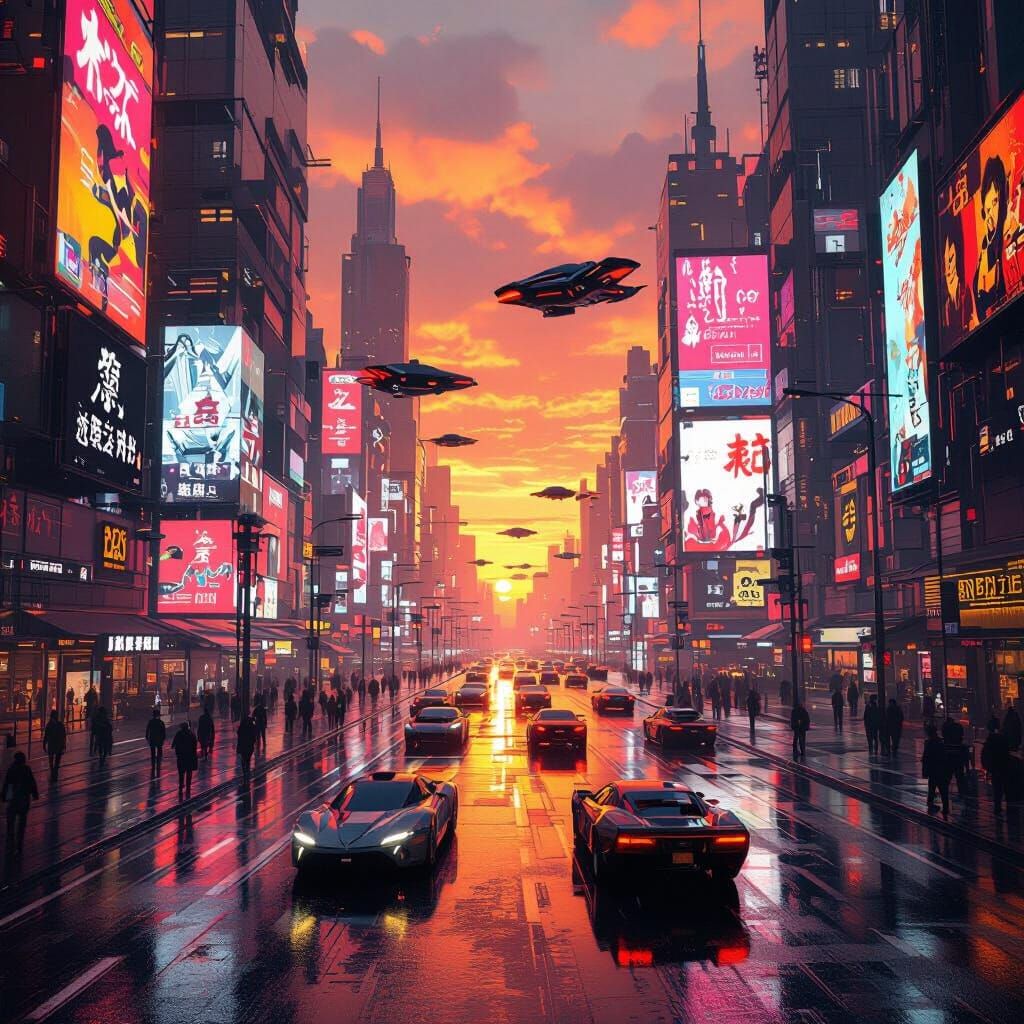 Cyberpunk Megacity at Neon Sunset with Flying Cars