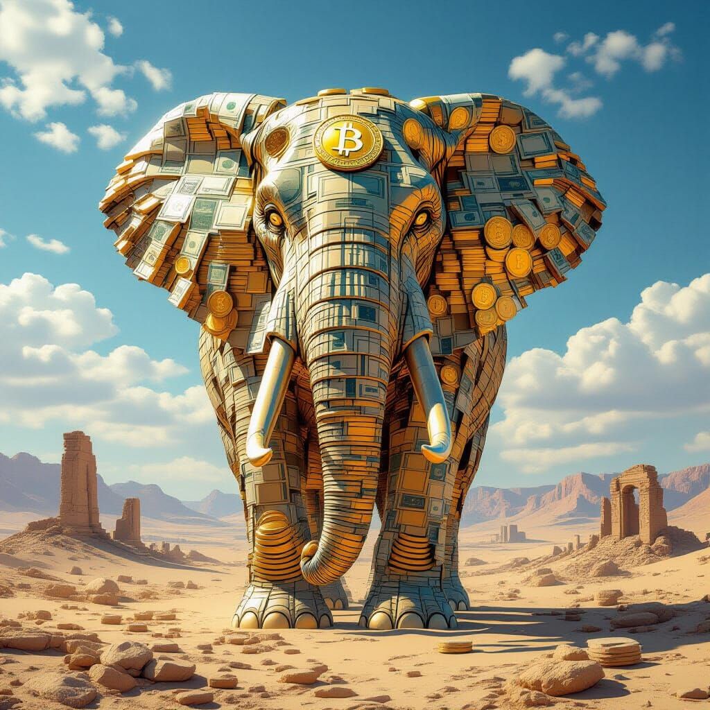 Ancient Elephant Made of Money in Desert Landscape