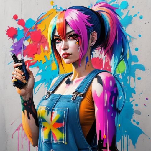 Anime Girl in Overalls: Graffiti Splash Art