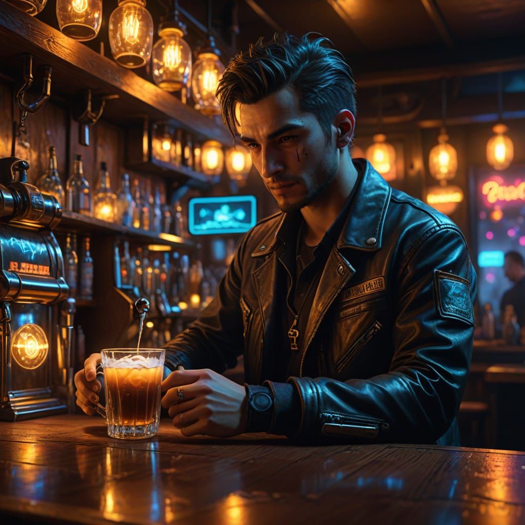 Cyberpunk Bartender Polishing Mug in Fairy Pub