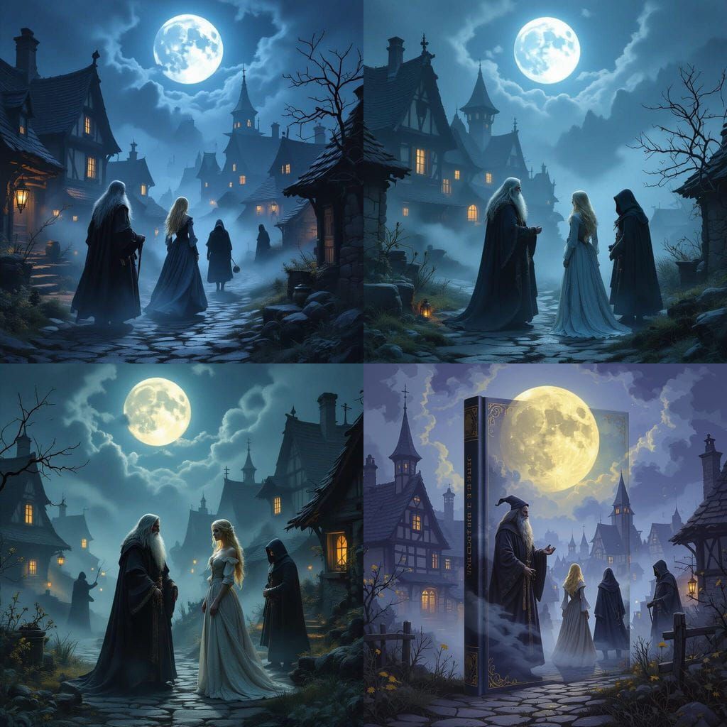 Foggy Village Scene with Alchemist Under Full Moon