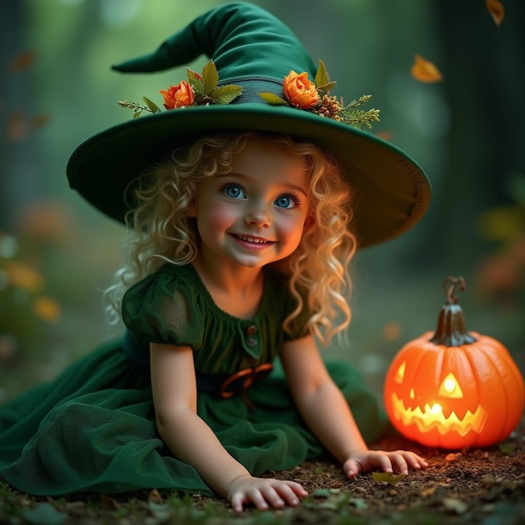 Witch Girl in Garden with Pumpkin Lantern