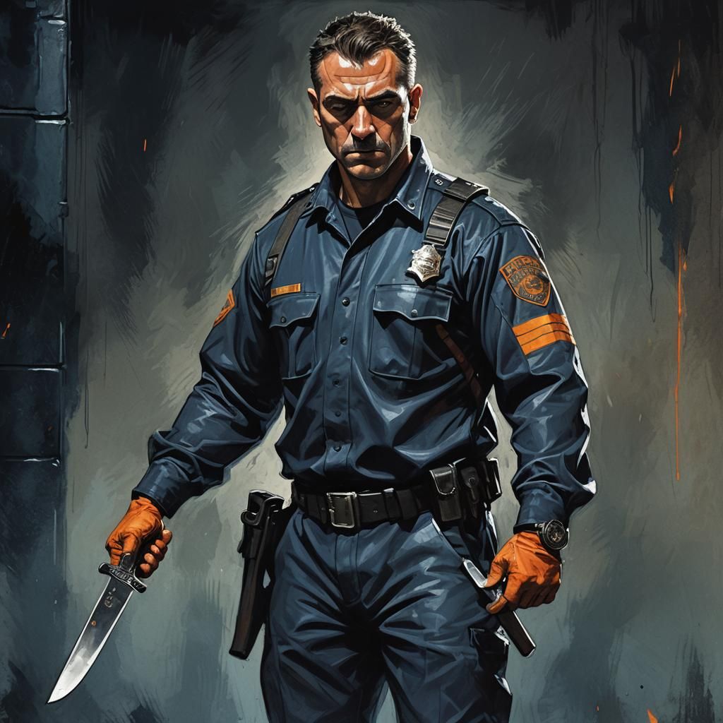 Ominous Dark Fantasy Policeman with Knife