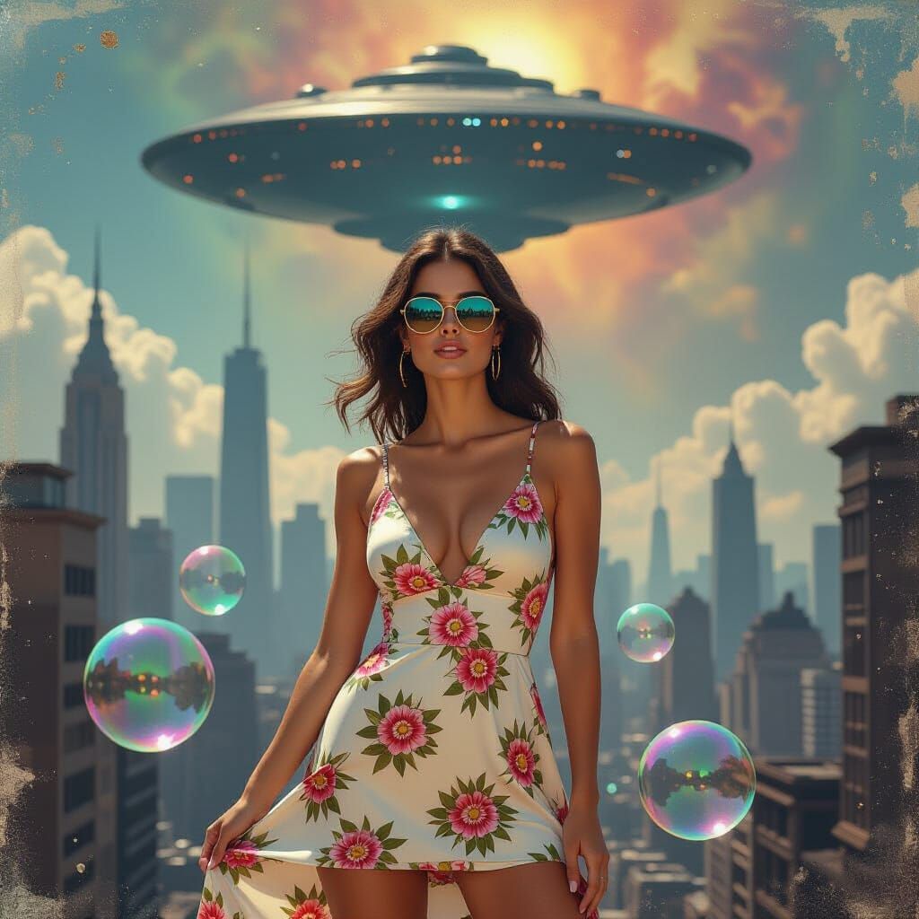 Woman in Cyberpunk Metropolis with Mothership