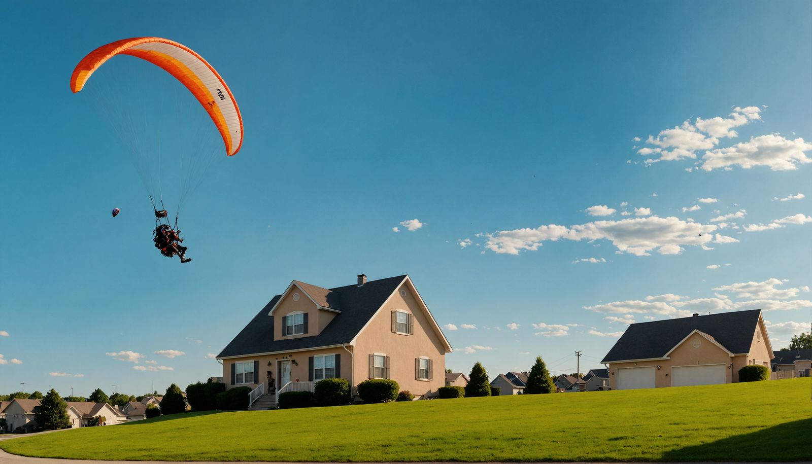 Powered Paraglider Soaring Over Residential Neighborhood