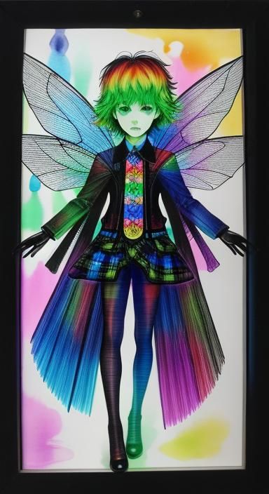 Kid's drawing  ,surreal, 
tartan clad  person,  drawing , rayograph Man Ray collection of random b&W objects, light refl...