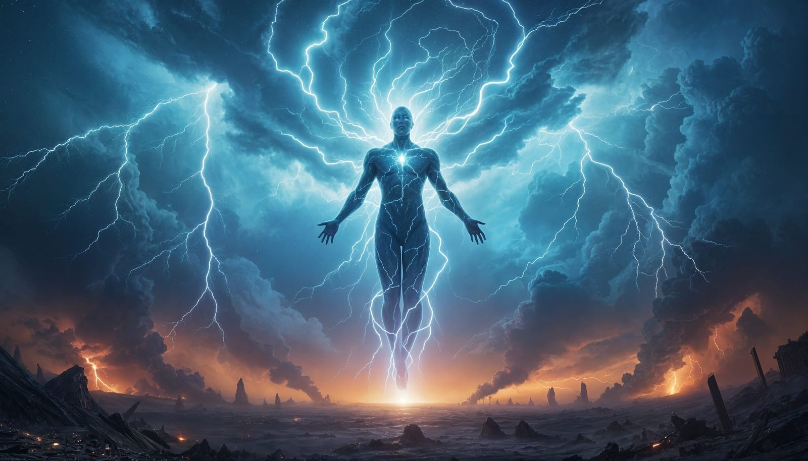 Divine Nanobot Entity in Apocalyptic Sky