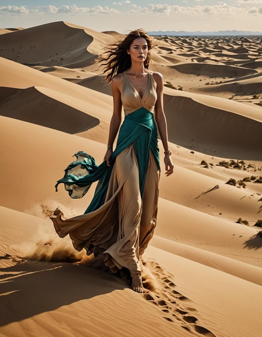 Woman Running from Sandstorm in Surreal Watercolor