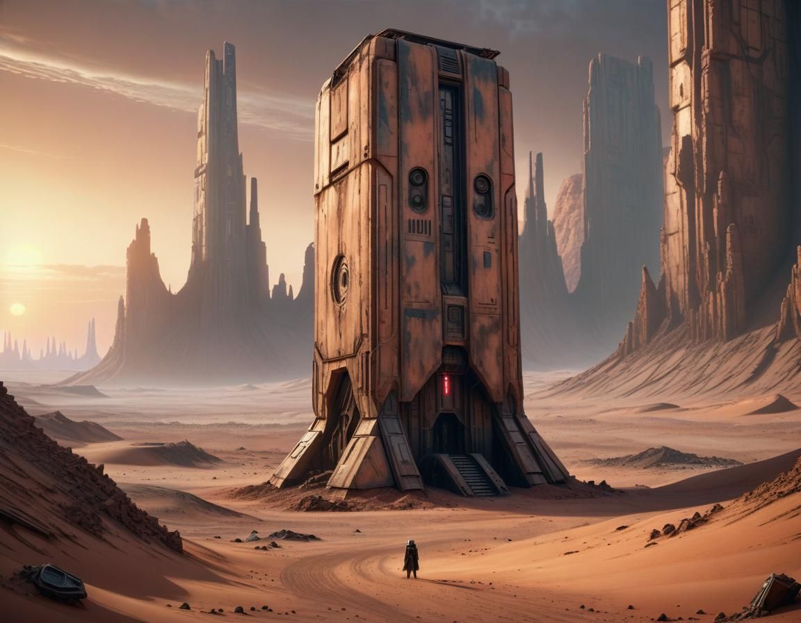 Martian Monolith Sunset in Sci-Fi Mining Town