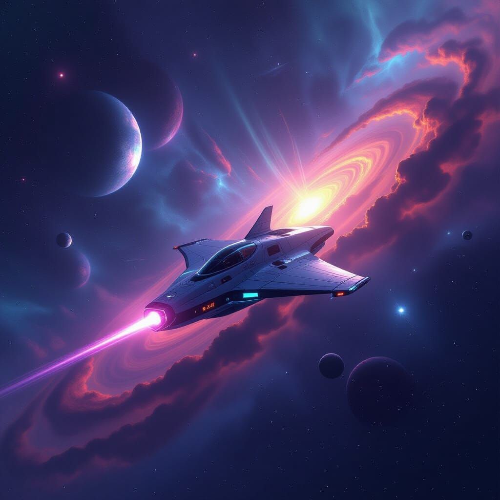 Spaceship Navigating Iridescent Nebula in Biomechanical Styl...