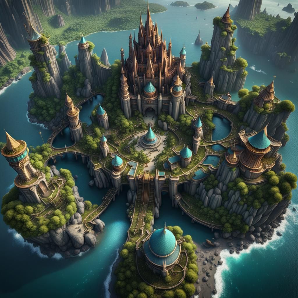 Enchanted Kingdom Island Aerial View: Detailed Matte Paintin...