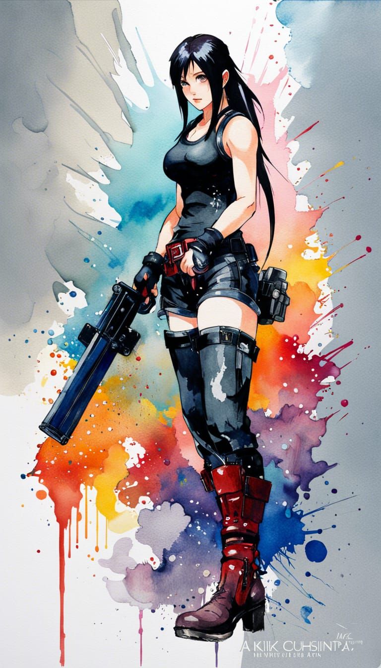 Tifa Lockhart Watercolor Portrait in Cool Colors