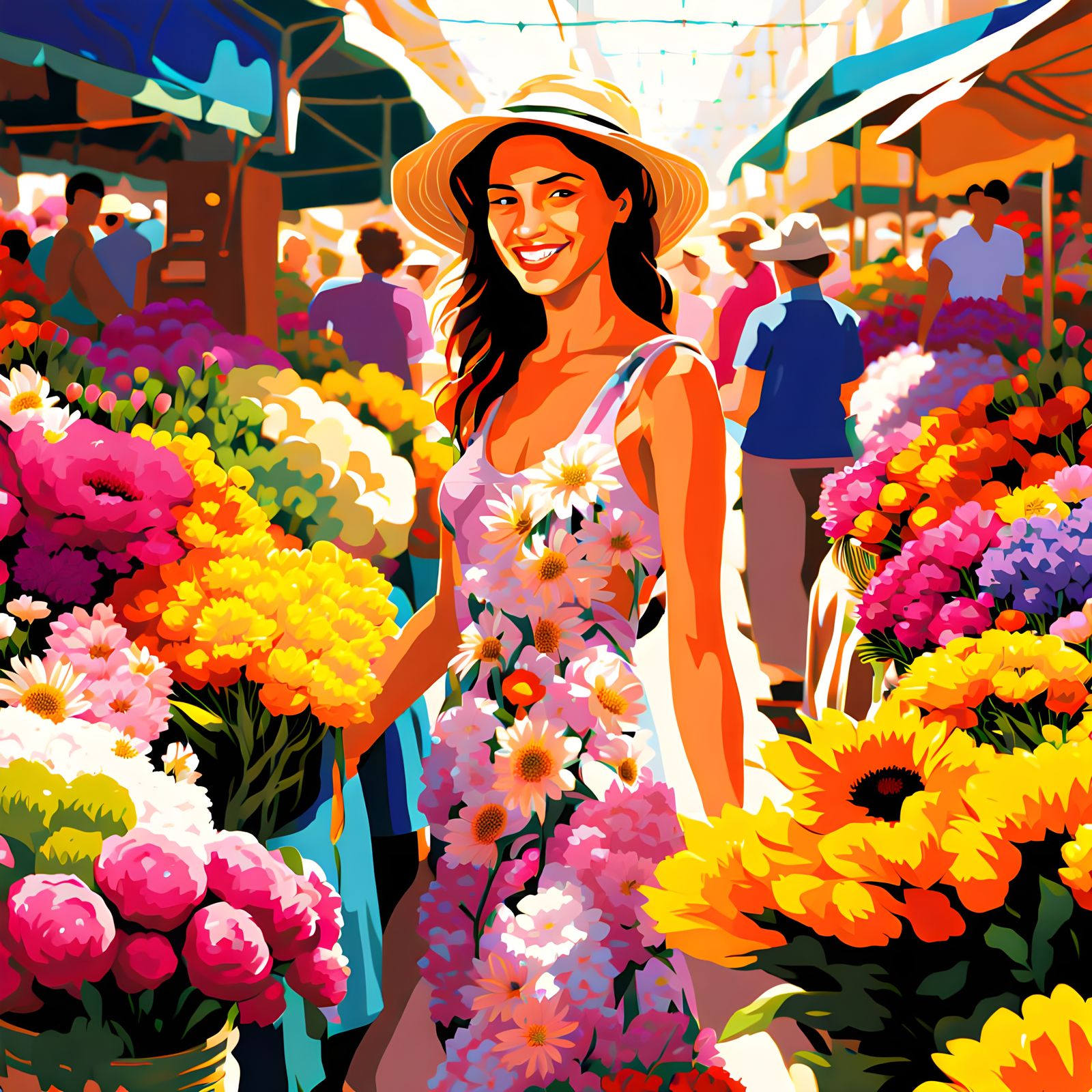 Vibrant Flower Market Scene in Digital Art