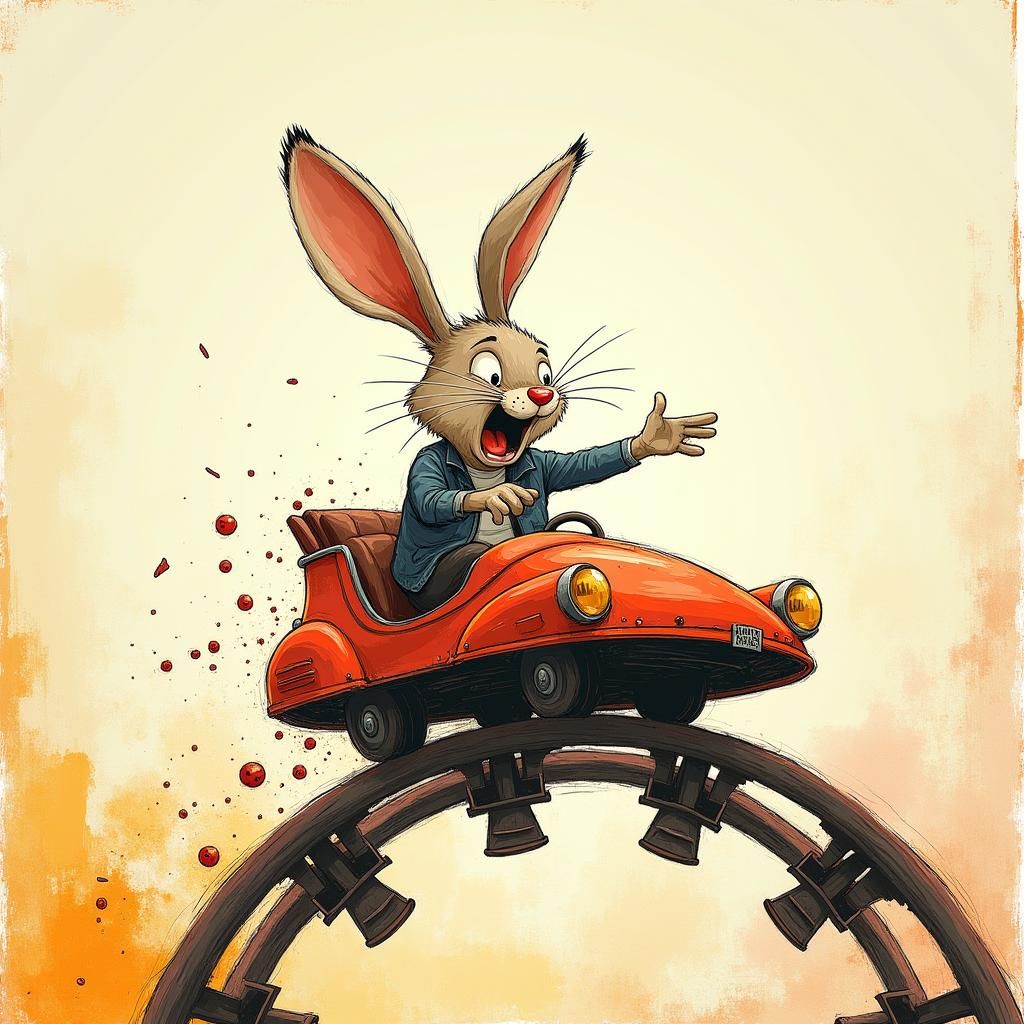 Rabbit on Rollercoaster in Expressive Caricature Style