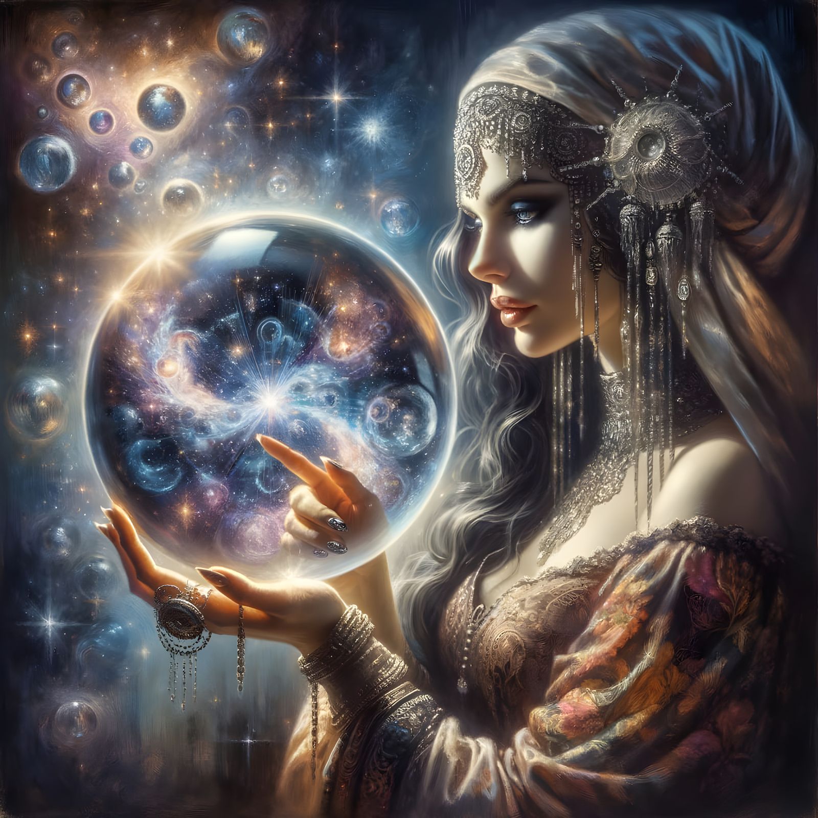 Gypsy Fortuneteller Gazing into Crystal Ball
