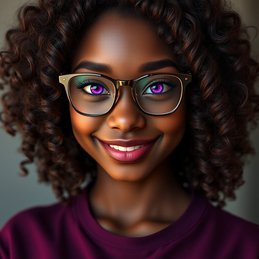 Vibrant Black Woman with Curly Hair and Purple Eyes in Unrea...
