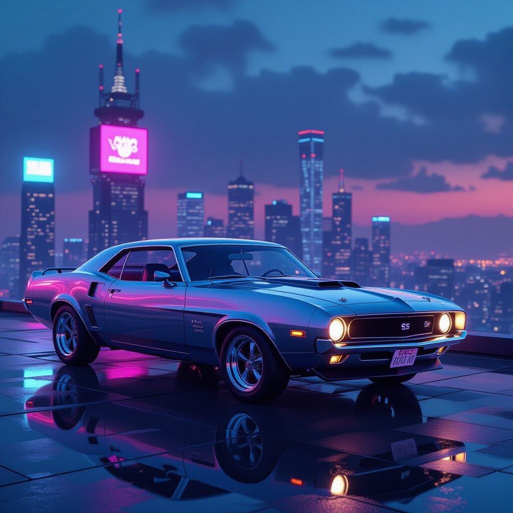 Muscle Car Meets Cyberpunk Cityscape in Neon Style