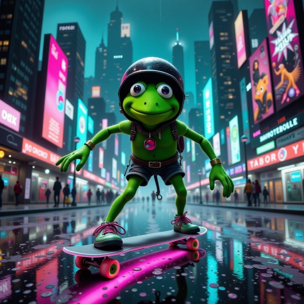 Kermit the Frog Skateboards in Cyberpunk City